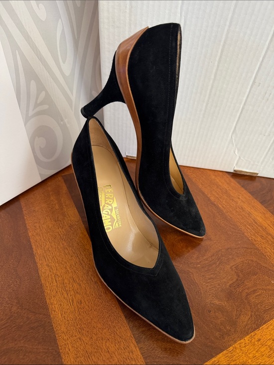 Salvatore Ferragamo Shoes - Salvatore Ferragamo Black Suede Pointed Pumps with Brown Sole Trim